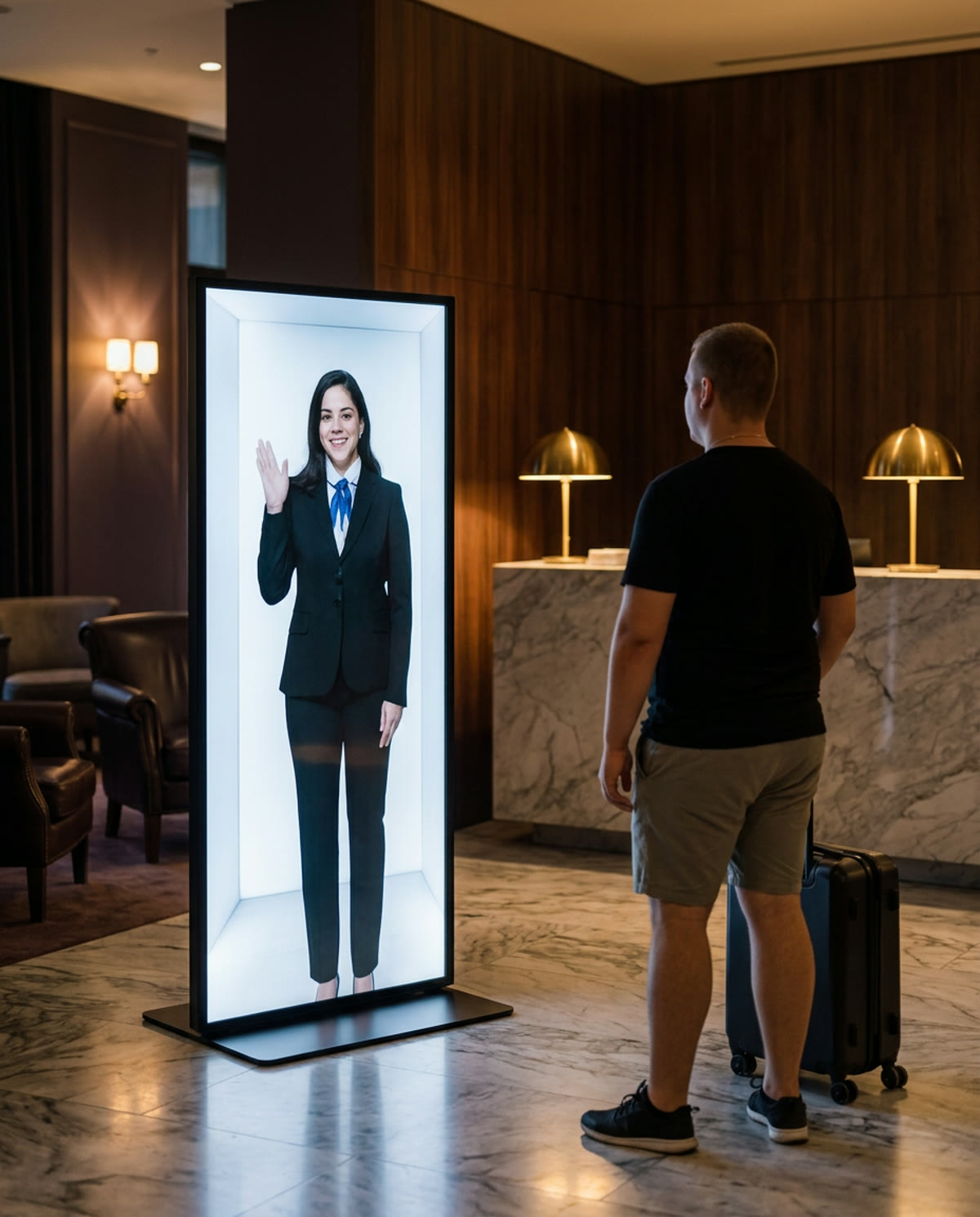 Életnagyságú AI-recepciós Kioszk egy szállodai lobbiban, késő este érkező vendéggel